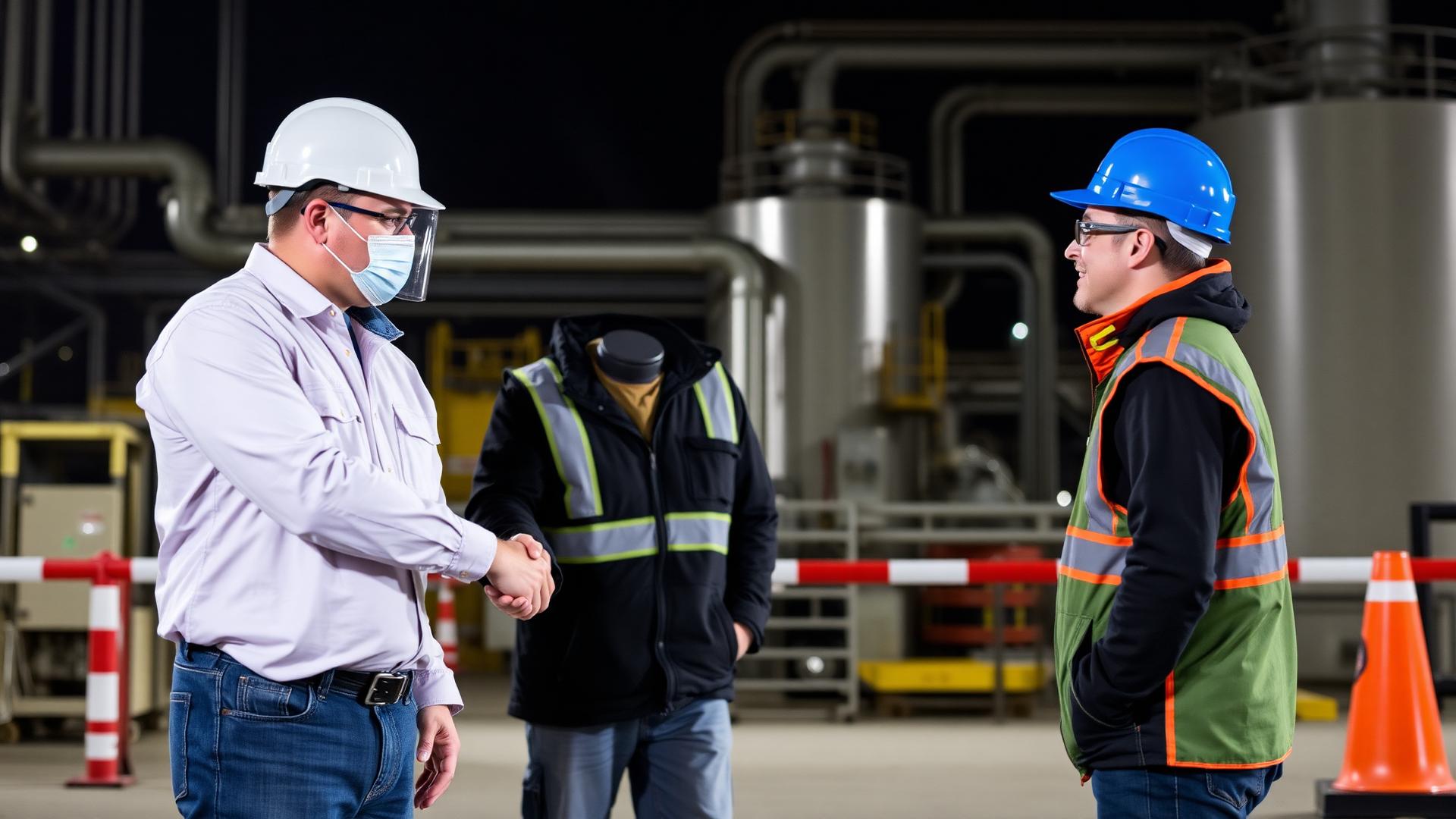 Industrial partners meeting on a project site