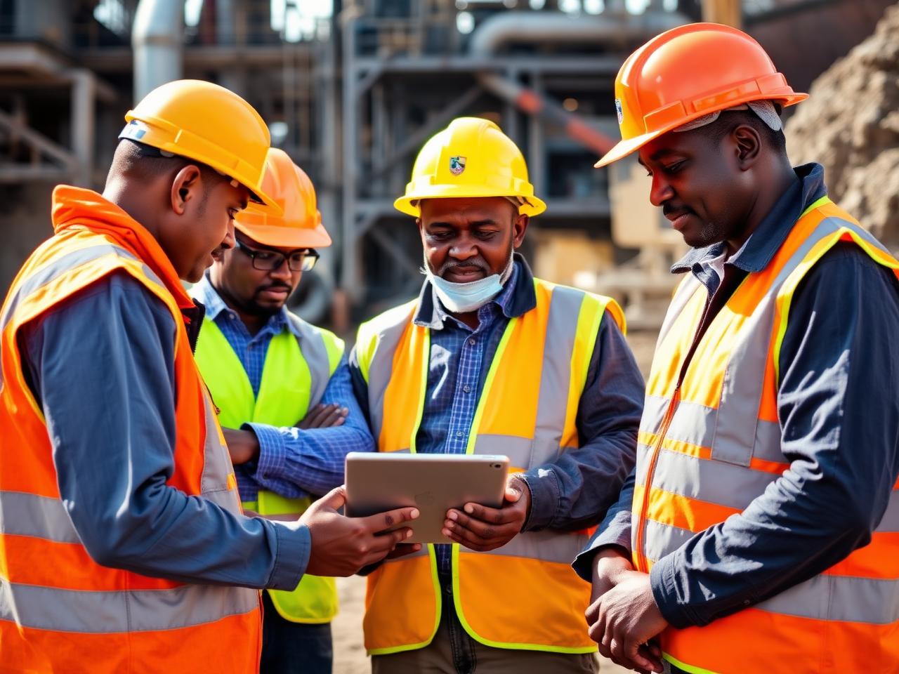 Engineers in hi-vis PPE reviewing operational data on a mining site